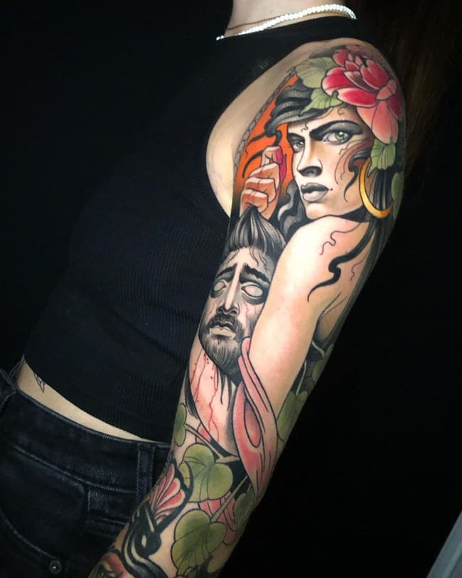 Porträts und Rosen als Sleeve – Neotraditional, INKLABS-Arbeit